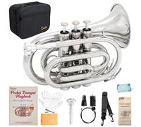 Kmise Bb - Trompeta portátil de bolsillo, mini trompetas de latón de alta calidad para estudiantes principiantes, juego de instrumentos de trompeta con funda resistente, boquilla 7C, kit de guía para