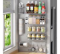 Kmise Estante magnético para especias para refrigerador, paquete de 8 estantes magnéticos para nevera, organizador de especias móvil con estante de gancho, soporte para toallas de papel, soporte para