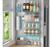 Kmise Estante magnético para especias para refrigerador, paquete de 8 estantes magnéticos para nevera, organizador de especias móvil con estante de gancho, soporte para toallas de papel, soporte para
