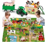 KNASON Animales Granja Juguete con Tapete Juego 120x80cm para Niños 3 Años | 14 Realistas Animales de Juguete, Camión tractor, Contenedor de Almacenamiento con Asa, Tamaños de 4-13cm, Regalo para Niños