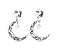 KnBoB Túnel dilatador de 6 - 25 mm, 2 unidades, acero inoxidable, plata, vintage, luna y estrella, para mujer, Acero inoxidable