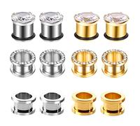 KnBoB Túnel dilatador de oreja, 12 unidades, acero inoxidable, plata y oro, pendientes de aro con circonitas para hombre y mujer, Acero inoxidable, Circonia cúbica