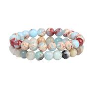 KNDSSMY 2Pcs Colorful Natural Stone Beaded Bracelet Set for Women, 8MM Shoushan Stone & amazonite stretch Bracelet, Adjustable blue red gemstone bangle 8mm