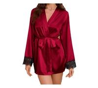 KNDSSMY Lencería Sexy para Mujer Kimono de Satén Bata de Baño con Espalda Transparente de Malla y Encaje Camisón Corto con Cuello en V para Bodas y Fiestas Color Rojo Talla S