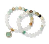 KNDSSMY Pulsera de Cuentas Elásticas de Piedra Natural Hecha a Mano, Unisex, 2 Unidades, 8mm, Amazonita, Jade Blanco, Pulsera para Pareja con Dije de Rombo, Regalo para Pareja y Mejores Amigos, 8mm