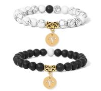 KNDSSMY Pulsera de Pareja con Cuentas de Piedra Natural de Las 12 Constelaciones, Pulsera Elástica de Howlita de Ónix Negro de 8mm con Dije Dorado, Ideal para Hombres y Mujeres Aries.