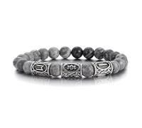 KNDSSMY Pulsera de Piedra Natural Hecha A Mano para Hombre, Pulsera Elástica de Cuentas con Piedra de Mapa Gris y Dije de Runas de 8mm, Elegante y Encantadora para El Día del Padre.