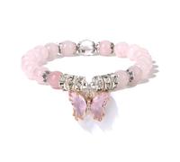 KNDSSMY Pulsera Elástica de Cuentas de Piedra Natural para Mujer, Hecha a Mano con Cuentas de Cuarzo Rosa de 8mm y Dije de Mariposa, Ideal Como Regalo de Playa para Tu Pareja.