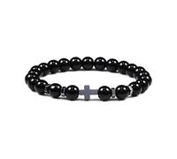 KNDSSMY Pulseras de Cuentas de Piedra Natural para Hombre con Dije de Cruz, 8mm, Obsidiana Negra Brillante, Ajustable, Elástica, Ideal Como Regalo de Verano para Pareja y Amigos.