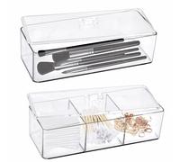 KNGNGK 2PCS Organizador De Maquillaje Con Tapa, Organizador De Maquillaje Transparente Sin Compartimentos + Con 3 Compartimentos Apilable Para Sombras De Ojos, Polvos, Lápiz Labial, Cepillo Cosmético