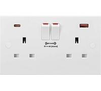 Knightsbridge Enchufe conmutado de plástico de borde cuadrado blanco 13A 2G DP con puertos USB dobles de carga rápida (A + C)