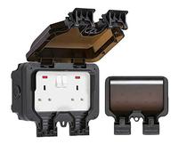 Knightsbridge OP9N - Enchufe doble para exteriores, resistente a la intemperie, IP66, color negro, 84 x 153 x 170 mm