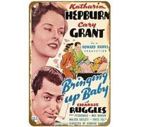KNIOIL Póster de película de 1938 con texto en inglés "Bringing Up Baby, Katharine Hepburn, Cary Grant en la ventana, póster de la película de 1938, letrero de metal vintage, logotipo de familia, club