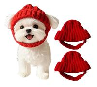 Knit Dog Beanie with Ear Flaps, Knit Dog Beanie Hats Red, Christmas Dogs Knitted Hat, Funny Warm Knitting Wool Hats with Ear Holes, Pet Headwear Pet Hat Costume for Small Dogs Cats (2PCS)