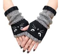 Knit Fingerless Gloves - Cat Embroidery Mitts, Warm Patchworkk Fingerless Knitted Gloves with Open Fingers for Women and Girl | Cute Cat Embroidery Sleeves for Daily Commute, Outdoor Activities, Black