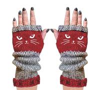 Knit Fingerless Gloves - Cat Embroidery Mitts, Warm Patchworkk Fingerless Knitted Gloves with Open Fingers for Women and Girl | Cute Cat Embroidery Sleeves for Daily Commute, Outdoor Activities, Red