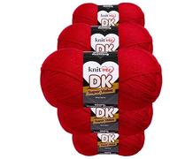 Knit Me Lana DK 5 Ovillos x 100g - Hilo 100% Acrílico para Tejer y Ganchillo, Aguja 3,75-4,5 mm, Ganchillo 4,5-5,5 mm, 1500m, suave, lavable, gorro manta amigurumi bebé, Rojo