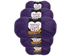 Knit Me Lana DK 5 Ovillos x 100g - Hilo 100% Acrílico para Tejer y Ganchillo, Aguja 3,75-4,5 mm, Ganchillo 4,5-5,5 mm, 1500m, suave, lavable, gorro manta amigurumi bebé, Morado oscuro