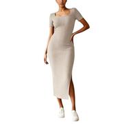 Knitted Dress Women' Casual Dresses for Spring and Summer, Elegant Square Neck, Plain Design, Versatile for Everyday Wear, Perfect for Fashionable Styling(Khaki,XL)