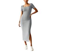 Knitted Dress Women' Casual Dresses for Spring and Summer, Elegant Square Neck, Plain Design, Versatile for Everyday Wear, Perfect for Fashionable Styling(Gray,M)