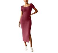 Knitted Dress Women' Casual Dresses for Spring and Summer, Elegant Square Neck, Plain Design, Versatile for Everyday Wear, Perfect for Fashionable Styling(Red,XL)