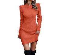 Knitted Dress Women Dresses Sweater High Collar Long Sleeve Solid Color(Orange,M)