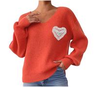 Knitted Sweater Women's V Neck Long Sleeve Pullover Cute Lantern Sleeve with Heart Prints Blouses Casual Holiday Top