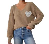 Knitted Sweater Women's V Neck Long Sleeve Pullover Cute Lantern Sleeve with Heart Prints Blouses Casual Holiday Top