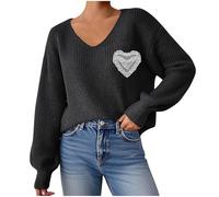 Knitted Sweater Women's V Neck Long Sleeve Pullover Cute Lantern Sleeve with Heart Prints Blouses Casual Holiday Top