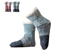 Knitted Ultra-Thick Slipper Home Socks, 3-color Knit Patchwork Non-Slip Warm Winter Socks with Fleece Lined, Lounge Wear Socks, Warm Comfort for Women (Blue*1)