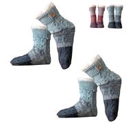 Knitted Ultra-Thick Slipper Home Socks, 3-color Knit Patchwork Non-Slip Warm Winter Socks with Fleece Lined, Lounge Wear Socks, Warm Comfort for Women (Blue*2)