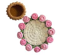 Knitting Coaster - Flower Bouquet | 14x14cm Vintage Soft Aesthetic Knitted Pad & Table Mat | For Restaurant, Birthday, Hotel, Desk, Table, Home, Cafe, Dining Decor