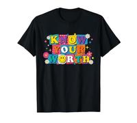 Know Your Worth Colorido Positivo Happy Face Quote Design Camiseta gráfica económica, Hombre, Negro, M