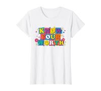 Know Your Worth Colorido Positivo Happy Face Quote Design Camiseta gráfica económica, Mujer, Blanco, M
