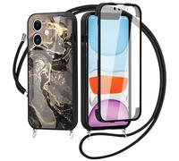 Knrlqim für iPhone 11 6,1" Hülle mit Band, Aesthetic Buntes Marmor Handyhülle mit Kordel Zum Umhängen, 360 Grad Handykette Schutzhülle mit Eingebautem Displayschutz, Silikon Stoßfest Case