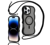 Knrlqim Funda Magnética con Cuerda para iPhone 14 Pro,Carcasa con Correa Colgante Ajustable Cordon Cordón,Marco de Onda Translúcida Mate Antigolpes Case [Compatible con mag Safe],Negro