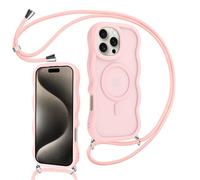 Knrlqim Funda Magnética con Cuerda para iPhone 15 Pro MAX,Carcasa con Correa Colgante Ajustable Cordon Cordón,Marco de Onda Translúcida Mate Antigolpes Case,Rosa