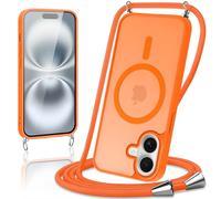 Knrlqim Funda Magnética con Cuerda para iPhone 16 Plus,Carcasa Translúcida Mate PC Suave TPU Antigolpes Case con Correa Colgante Ajustable Cordon Cordón,[Compatible con mag Safe],Naranja