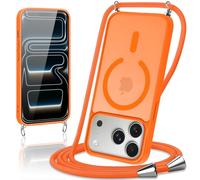 Knrlqim Funda Magnética con Cuerda para iPhone 17 Pro,Carcasa Translúcida Mate PC Suave TPU Antigolpes Case con Correa Colgante Ajustable Cordon Cordón,[Compatible con mag Safe],Naranja