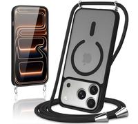 Knrlqim Funda Magnética con Cuerda para iPhone 17 Pro MAX,Carcasa Translúcida Mate PC Suave TPU Antigolpes Case con Correa Colgante Ajustable Cordon Cordón,[Compatible con mag Safe],Negro
