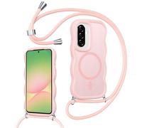 Knrlqim Funda Magnética con Cuerda para Samsung Galaxy A56 5G,Carcasa con Correa Colgante Ajustable Cordon Cordón,Marco de Onda Translúcida Mate Antigolpes Case,Rosa