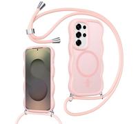 Knrlqim Funda Magnética con Cuerda para Samsung Galaxy S25 Ultra 5G,Carcasa con Correa Colgante Ajustable Cordon Cordón,Marco de Onda Translúcida Mate Antigolpes Case,Rosa