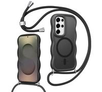 Knrlqim Funda Magnética con Cuerda para Samsung Galaxy S25 Ultra 5G,Carcasa con Correa Colgante Ajustable Cordon Cordón,Marco de Onda Translúcida Mate Antigolpes Case,Negro