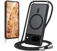 Knrlqim Magnética Funda para Google Pixel 8 con Cuerda,Carcasa Translúcida Mate Antigolpes Trasera Case con Correa Colgante Ajustable Collar Correa de Cuello Cadena Cordón,Compatible con MagSafe,Negro