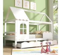 KnSam Cama infantil de 200 x 90 cm con protección anticaídas, versátil de madera para niños y niñas, cajones, madera maciza, cama infantil con ventana y somier, color blanco