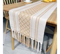 KnSam Caminos de mesa rombos jacquard a rayas con borlas, mantel de poliéster y algodón, camino de mesa moderno, decoración para fiestas, color beige caqui, 35 x 180 cm