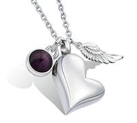 KnSam - Collar con colgante de urna de acero inoxidable con piedra de nacimiento con colgante de ángel y ceniza, colgante de corazón con cadena de plata