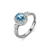 KnSam Joyas de oro auténtico, banda de oro blanco 9 K/14 K/18 K, par de anillos clásicos con topacio azul ovalado, moissanit Au 375/585/750, oro blanco, talla 47-65, Oro blanco de 18 quilates (750