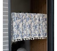 KnSam Juego de 1 visillo semitransparente, 90 x 140 cm (alto x ancho), diseño de flores con borla, beige y azul, estilo bohemio, de algodón, lino, gasa