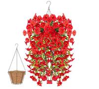 Knubbuf 2/4/6/8Pcs Artificial Hanging Flowers, 76cm UV Resistant Hanging Artificial Morning Glory Vine, Fake Trailing Plants Outdoor with Baskets for Wedding Garden Yard Home Decor (Red, 2Pcs)